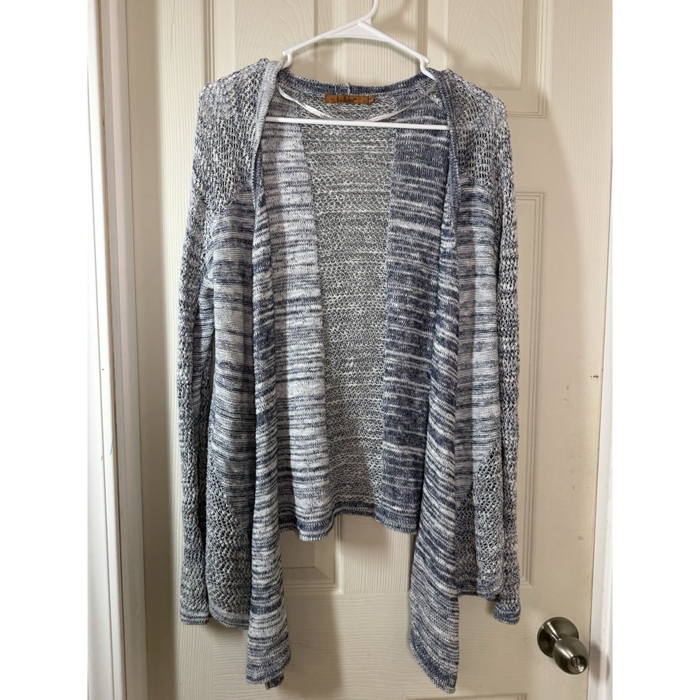 Belldini Waterfall Cardigan Womens L‎ Blue White Marled Knit Cotton Linen